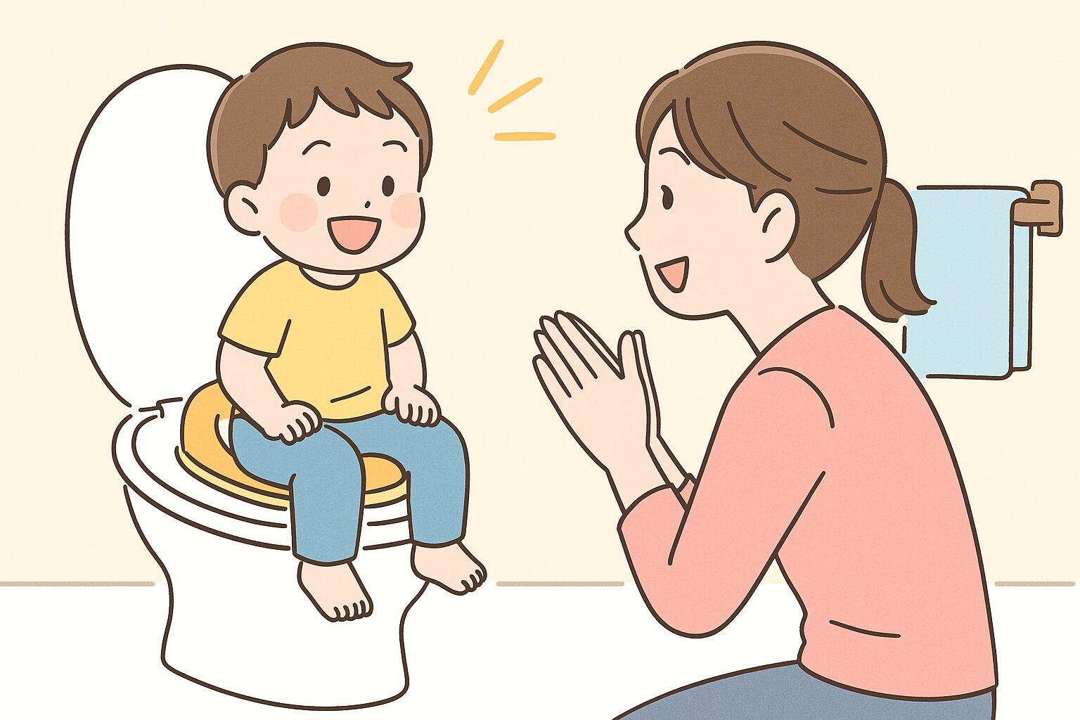 補助便座に座って笑顔の子どもと、それを見守るママのイラスト(座る習慣づけ)