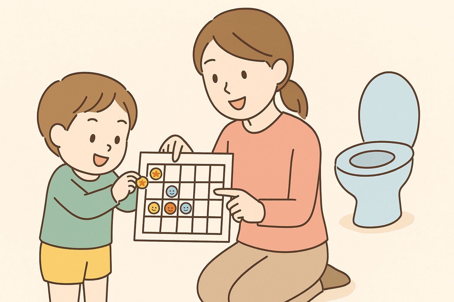 ご褒美シールをカレンダーに貼っている子どもと、それを褒めるママのイラスト