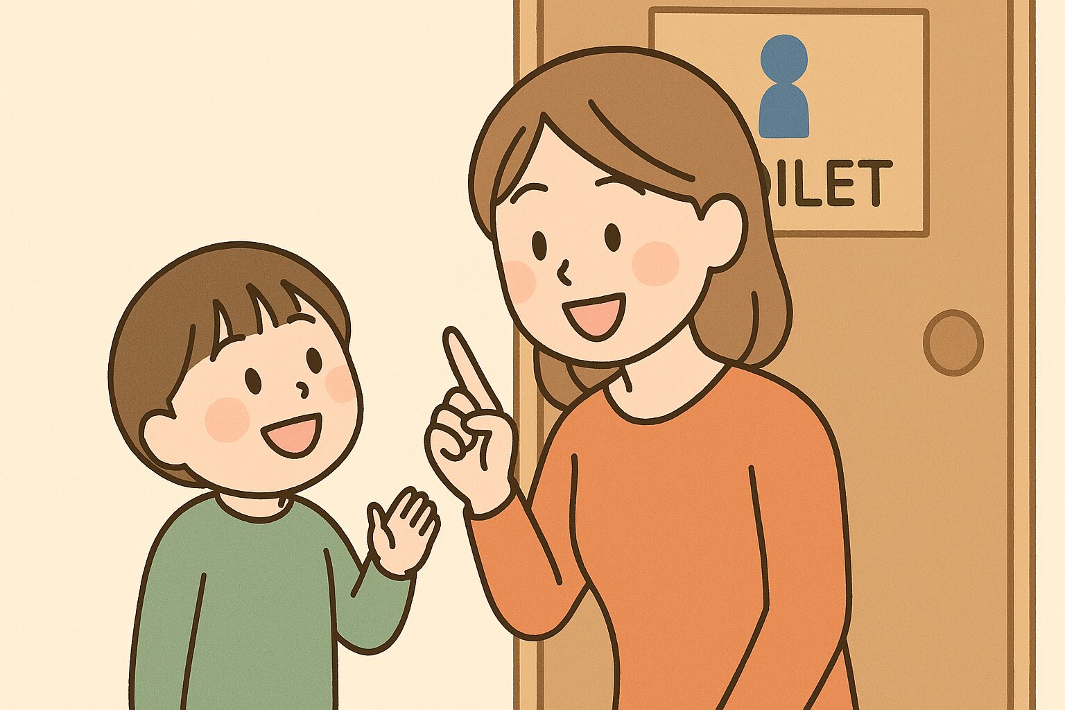 子どもに笑顔で前向きな声かけをするママのイラスト