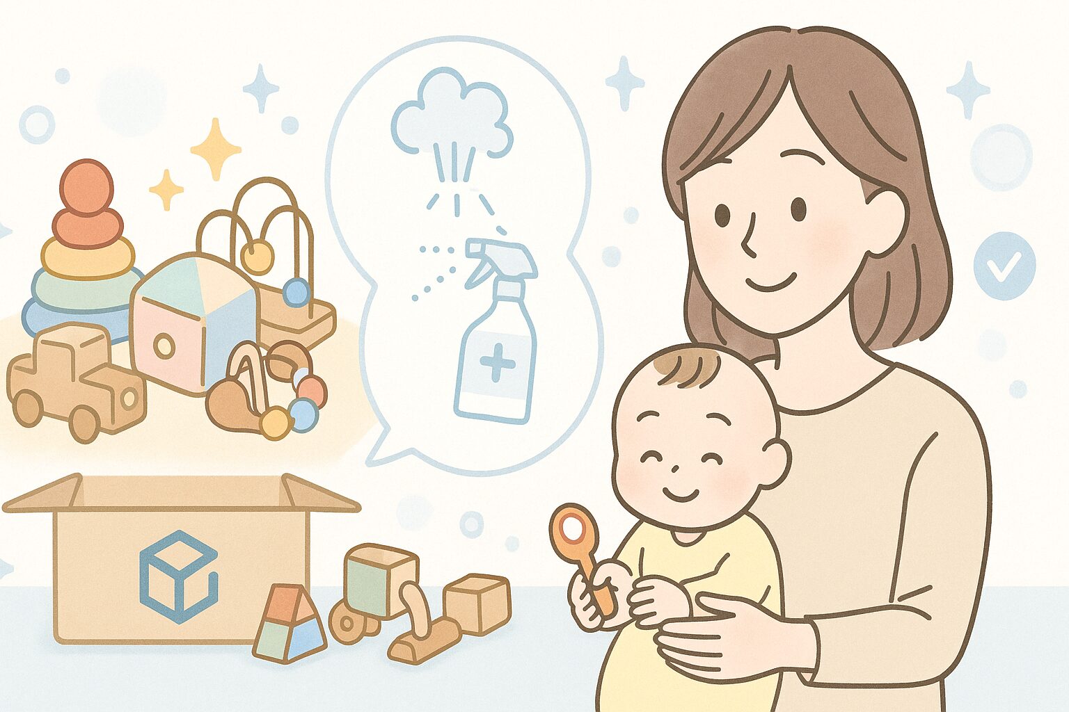 消毒されたおもちゃとトイサブの衛生管理をイメージしたイラスト