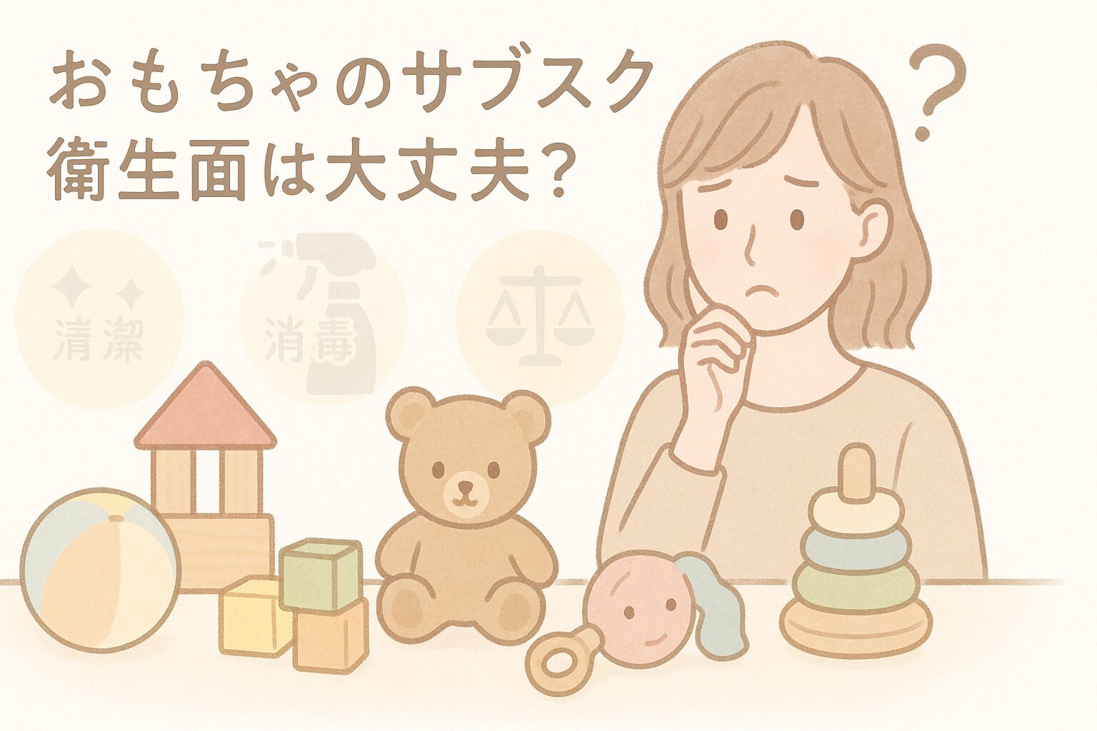 おもちゃサブスクの衛生面を比較検討するママのイラスト