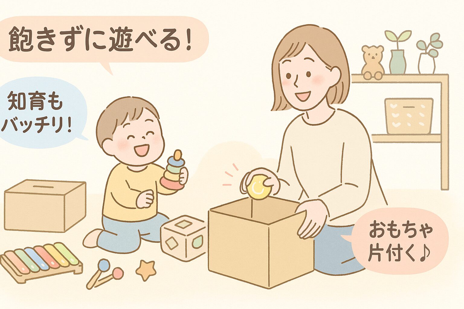 トイサブで届いたおもちゃを楽しむ子どもと、整理がラクになったと感じるママのイラスト