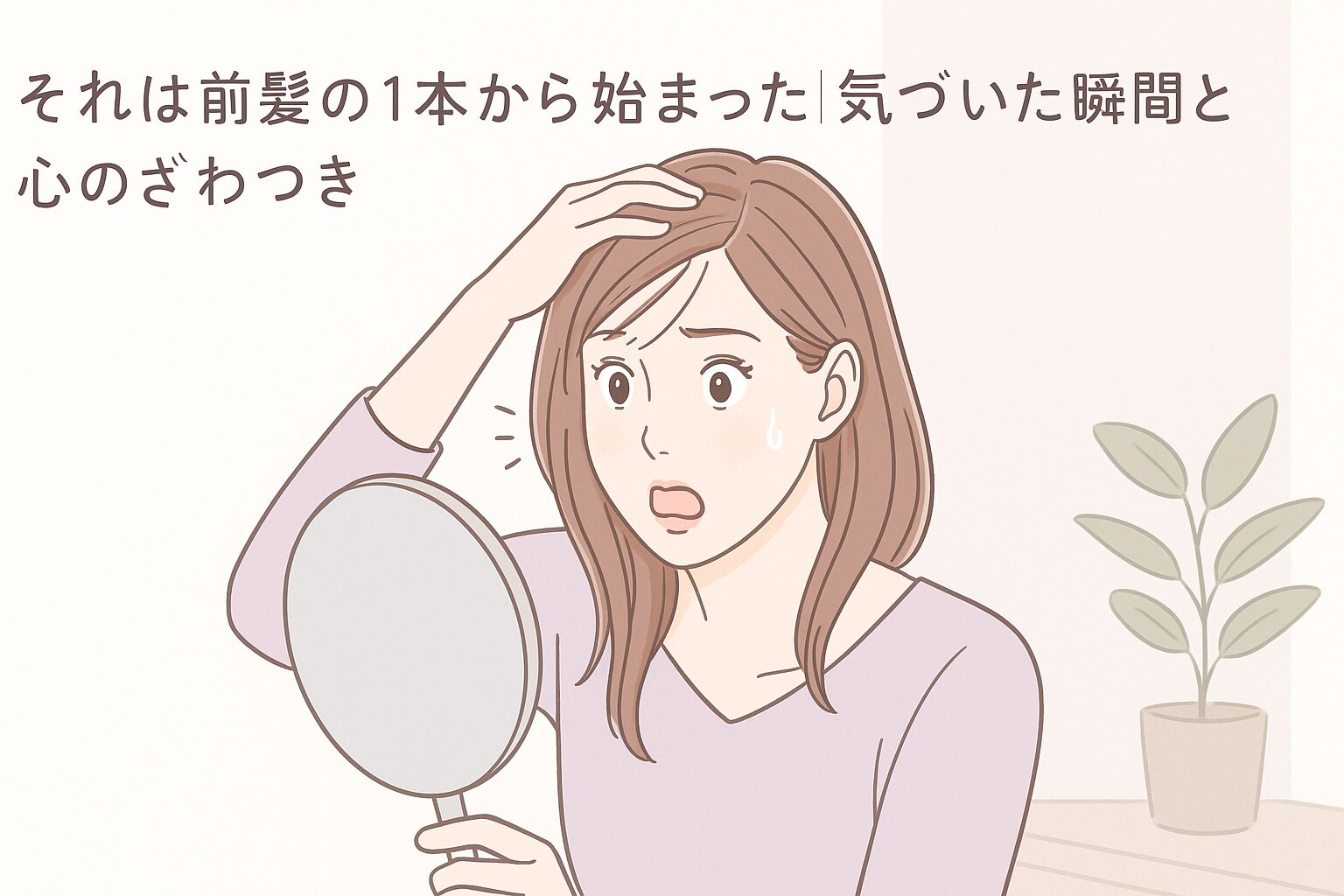 前髪に白髪を見つけて驚いている30代の女性