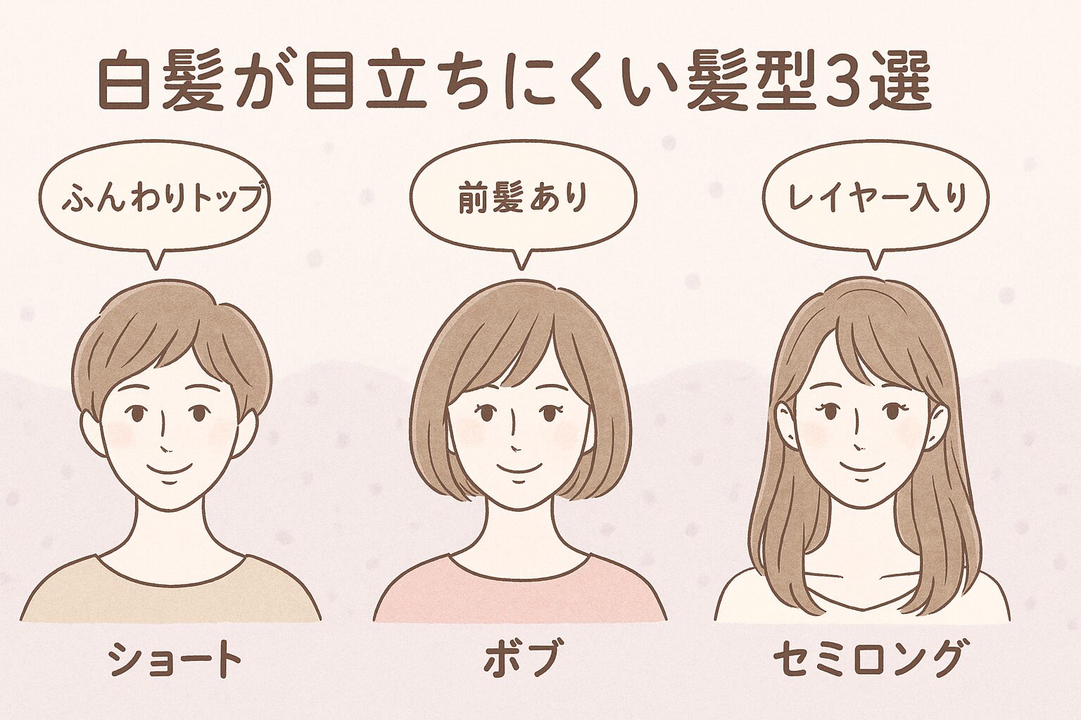白髪が目立ちにくいショート・ボブ・セミロングの髪型3選を紹介する図解風イラスト