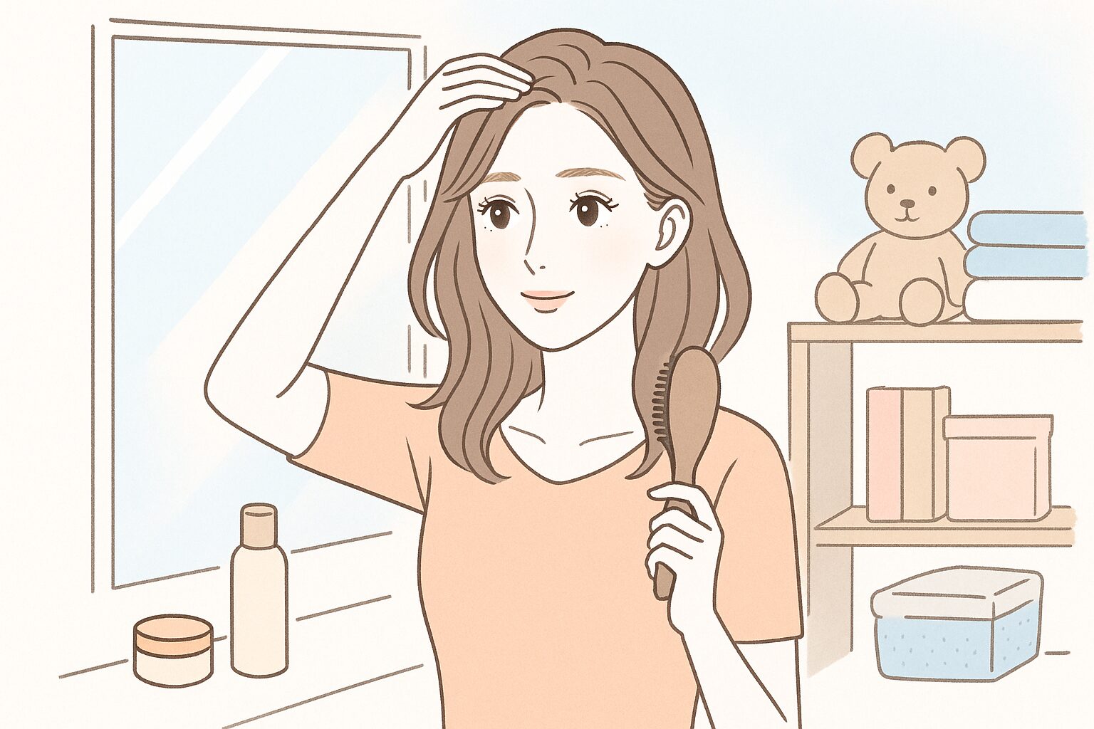 朝のスタイリングで白髪をカバーする30代女性。鏡の前で分け目をふんわり整えている。