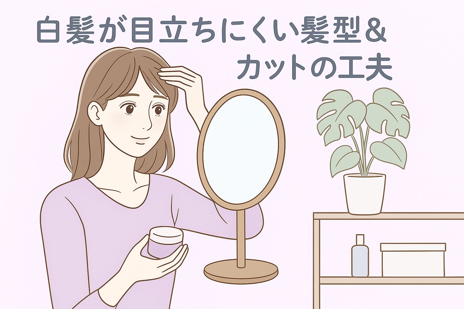 前髪の白髪を鏡で確認している30代後半女性。ナチュラルで清潔感ある雰囲気。