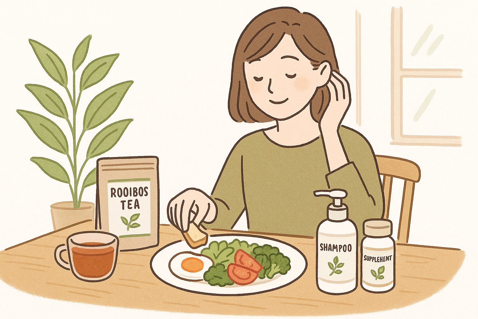 白髪予防に良い食事とお茶、サプリを並べたテーブルと女性の朝の風景