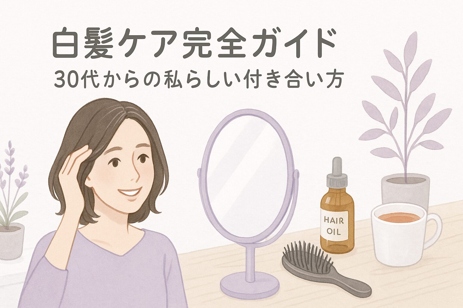 鏡の前で白髪を気にしながらも微笑む女性と白髪ケアアイテム