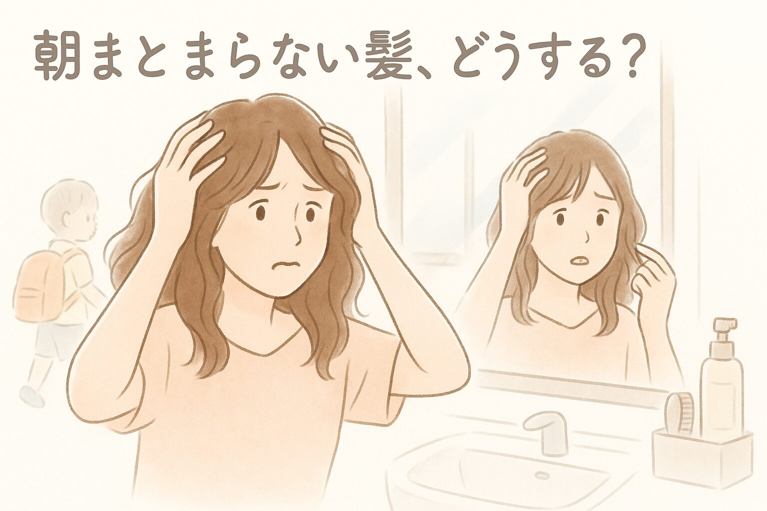朝、湿気で広がった髪に困っているママが鏡の前で手を当てている様子
