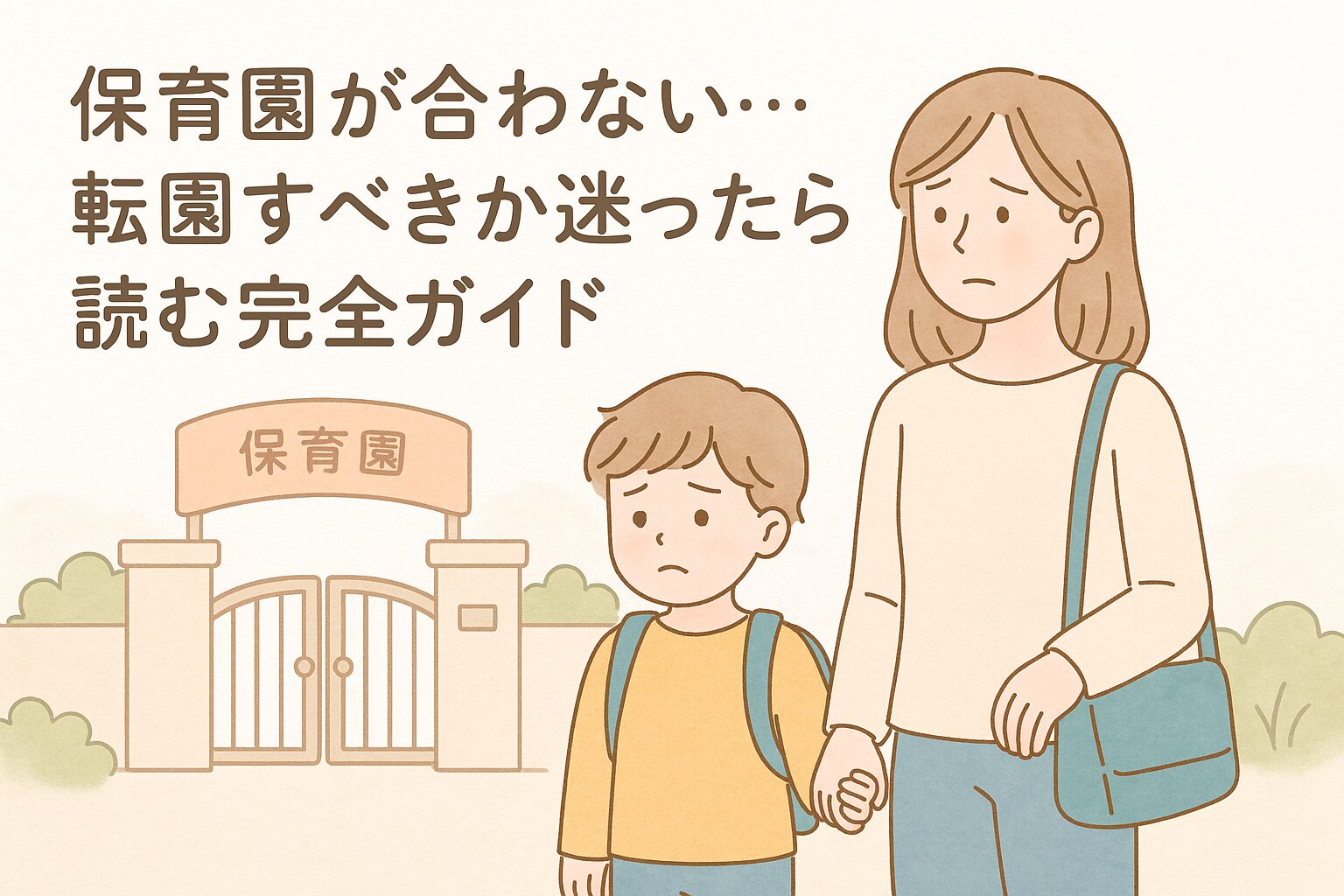 保育園の前で立ち止まり、不安そうに園を見つめる母親と表情が曇った子ども