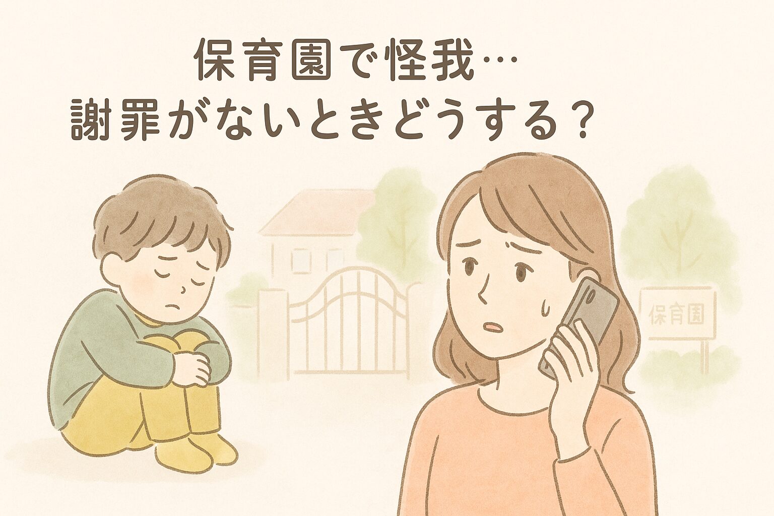 保育園で子どもが怪我をしたときに不安になる母親のイラスト