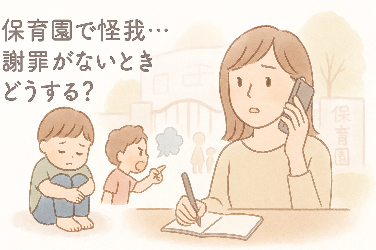 保育園で子どもが怪我、謝罪がなく戸惑う母親のイラスト