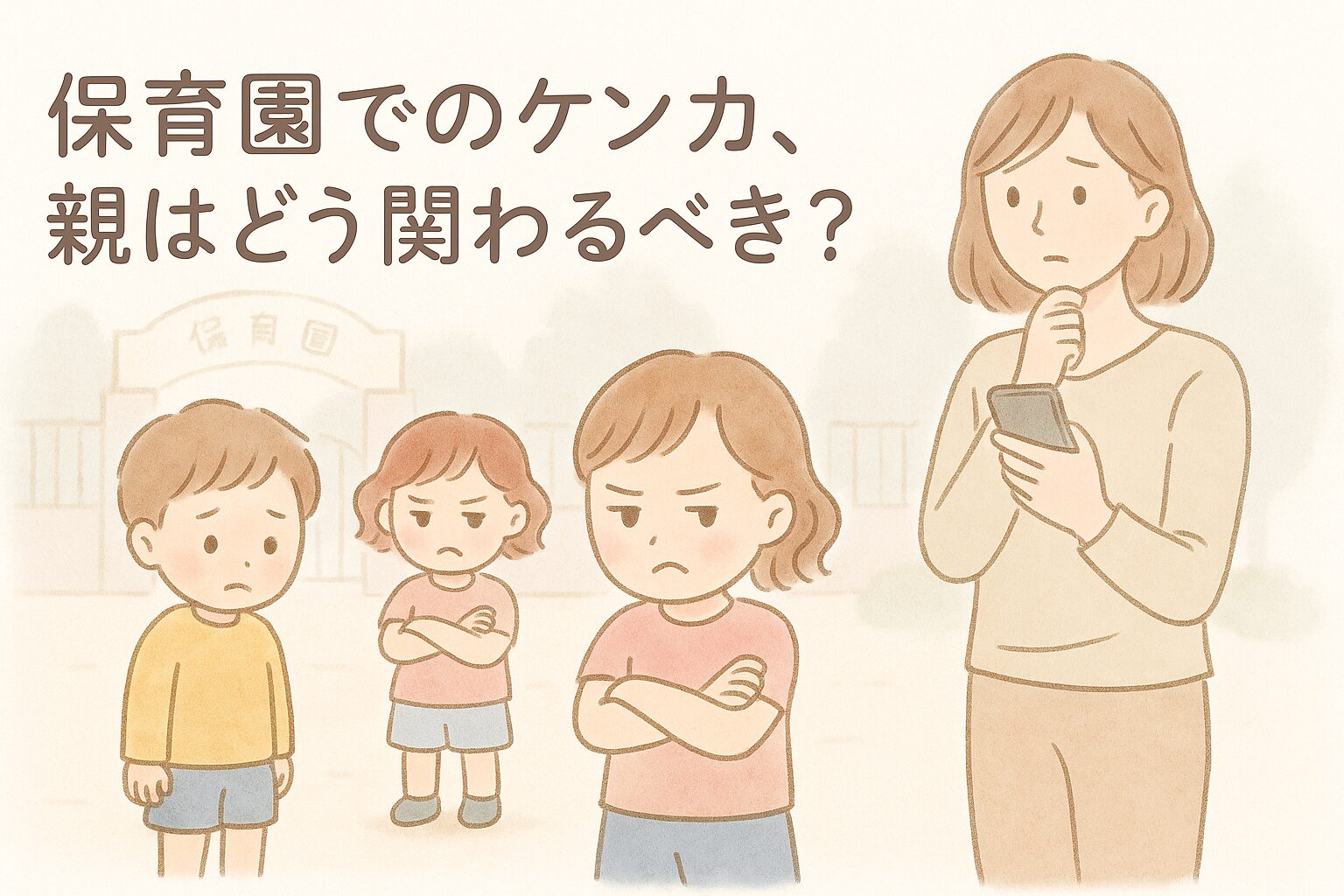 保育園で子ども同士のケンカを見守る親のイメージイラスト