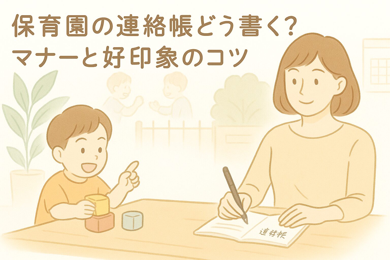 保育園の連絡帳を書いている母親と、そばで遊ぶ子どもの様子を描いたイラスト