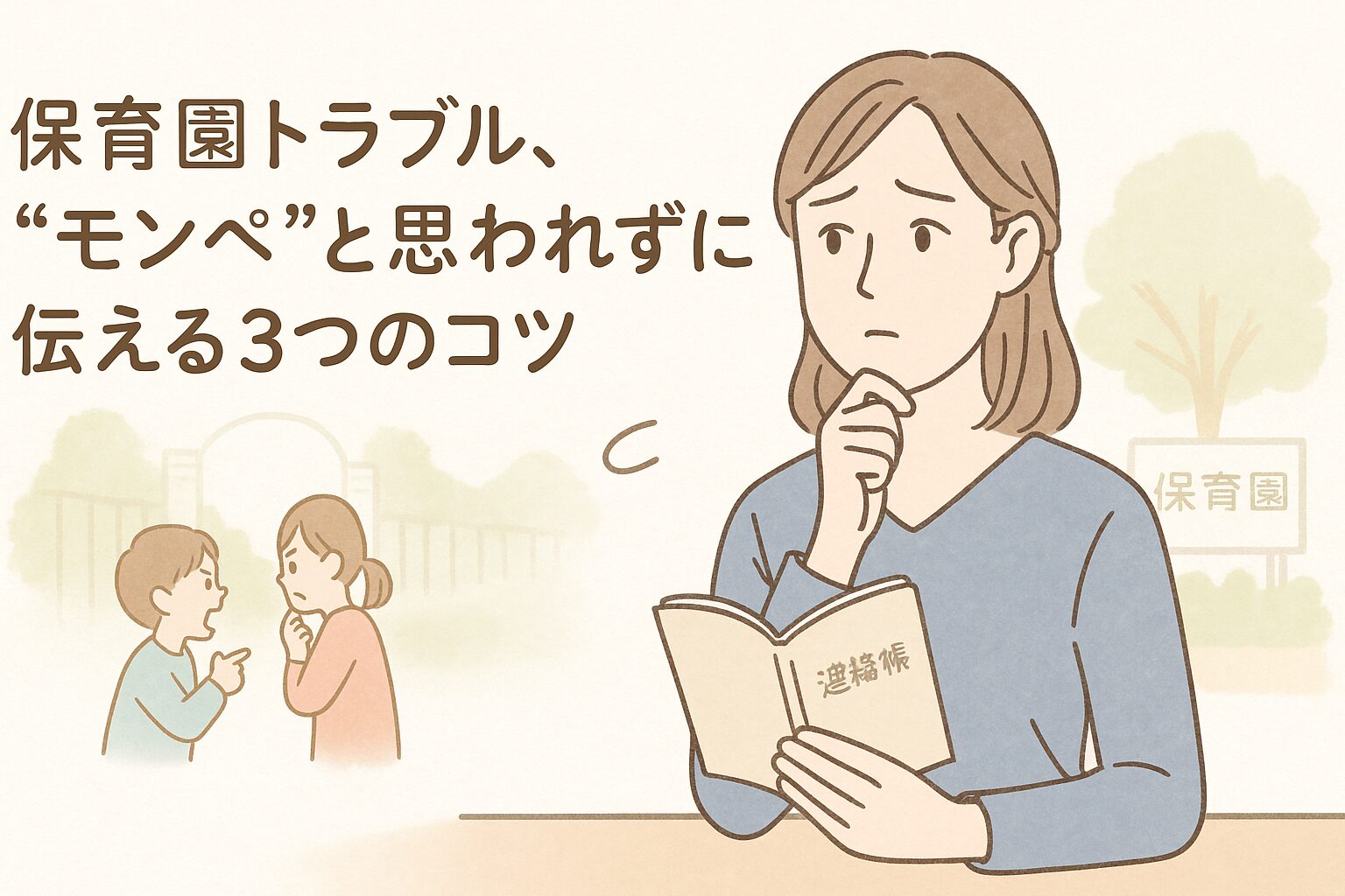 保育園への相談に悩む母親のイラスト（連絡帳を手に不安そうな様子）