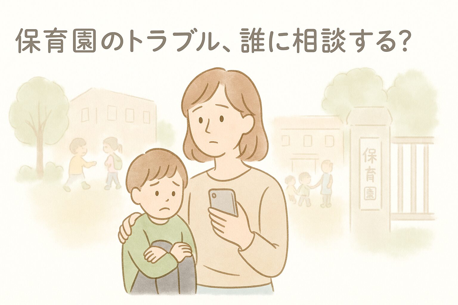 保育園の門の前で不安そうにスマホを見ている母親とその子ども