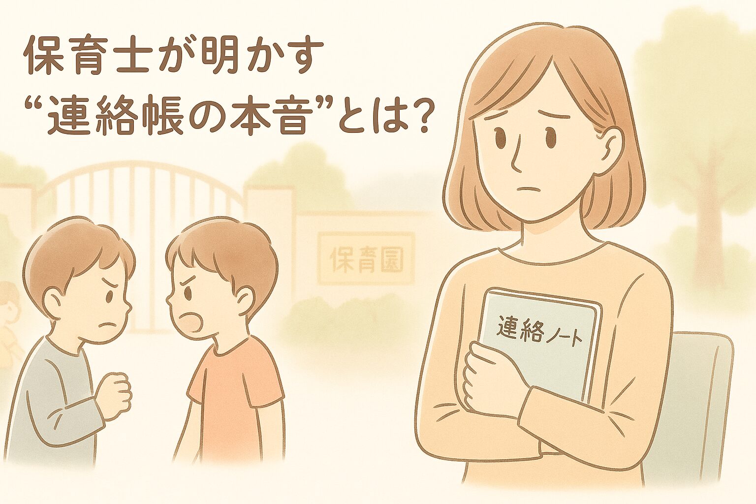 保育園の前で連絡帳を手に、不安そうに立つ母親のイラスト