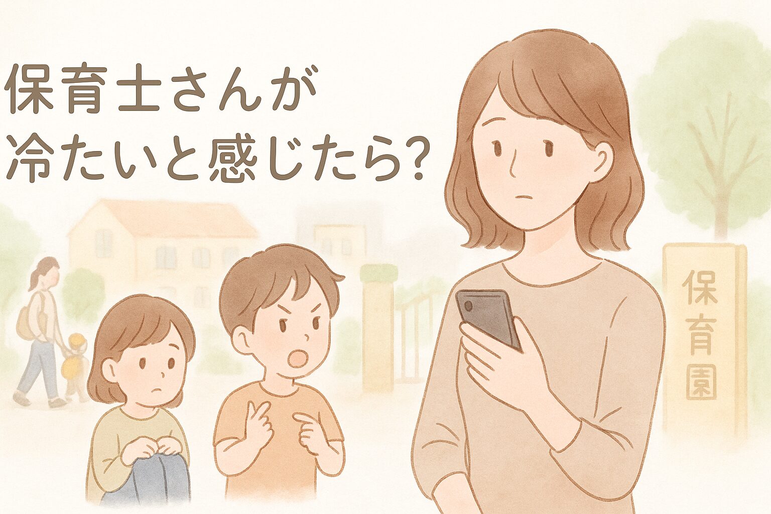 保育士の対応に不安を感じているママが保育園の前で立ち止まる様子