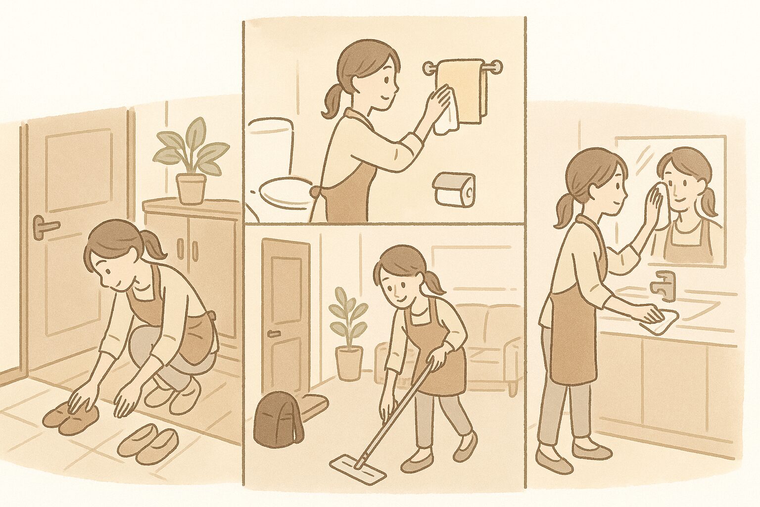 家庭訪問前に、家中を掃除しているママ(玄関・リビング・トイレ・廊下・洗面所)