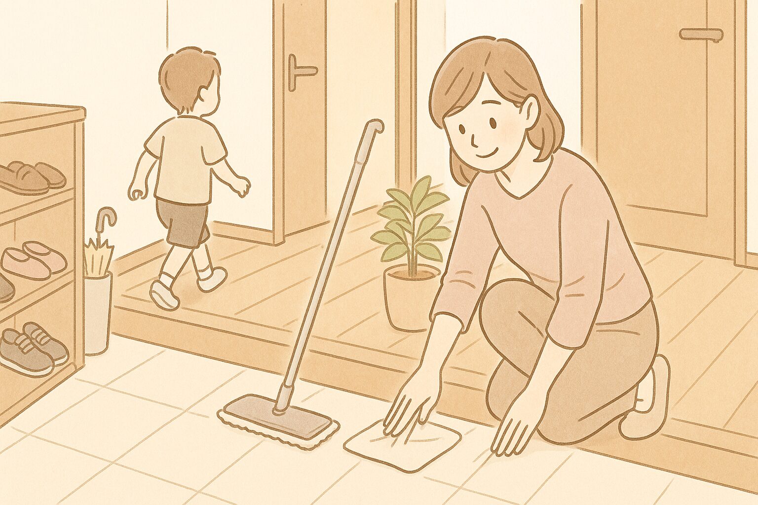 家庭訪問前に玄関を掃除するママ