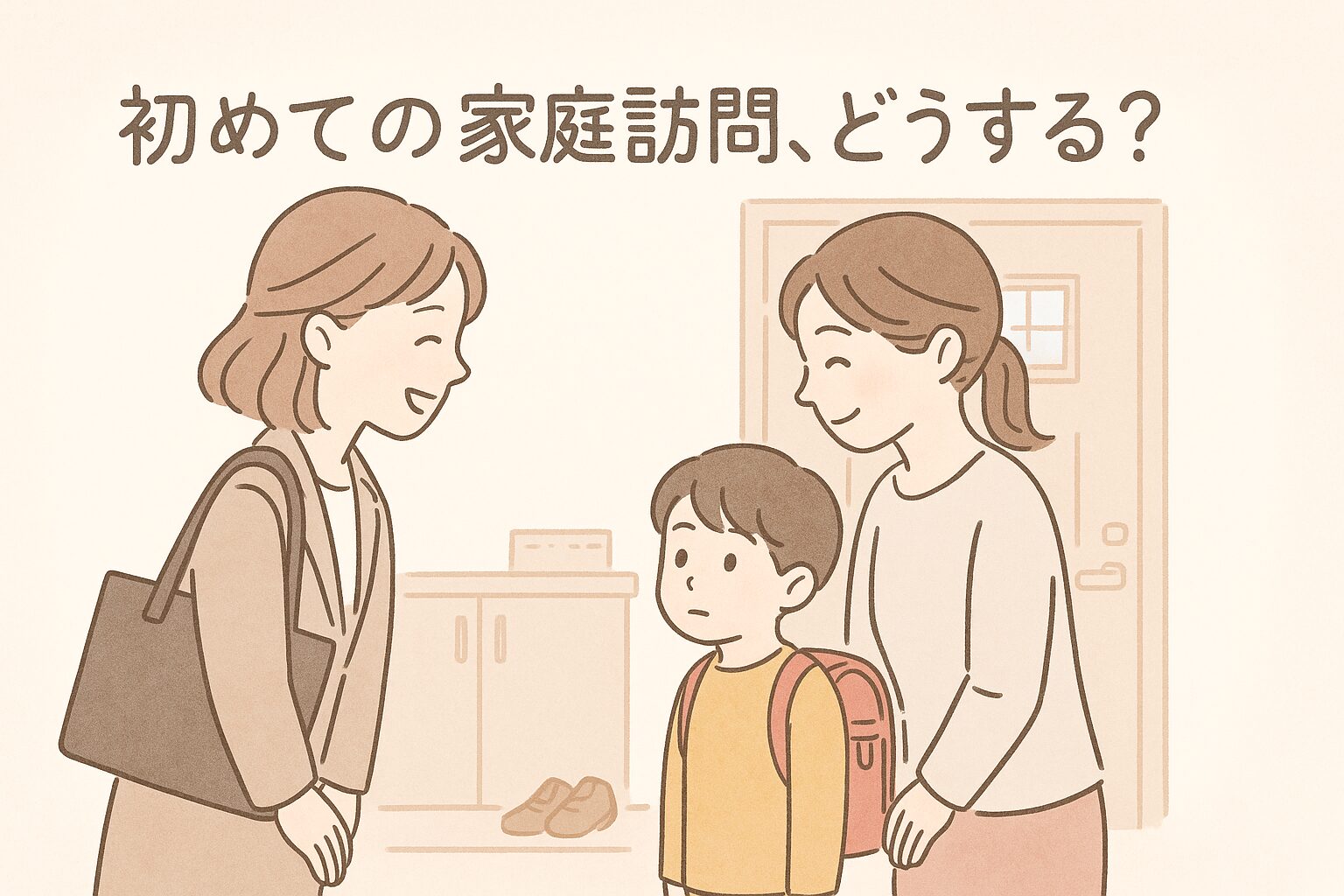 家庭訪問で先生を玄関先で迎えるママと小学生の子ども