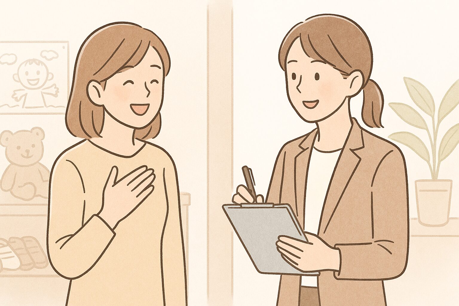 家庭訪問で子どもの様子を先生に話すママと、うなずいて聞く先生のイラスト