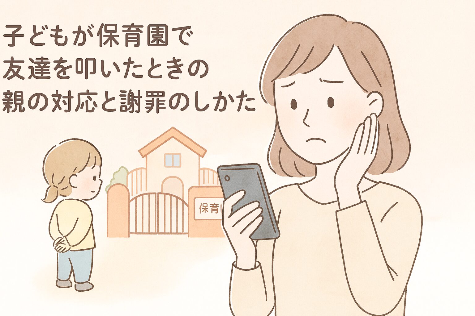 保育園からの連絡に戸惑う母親と、その後ろにいる子ども、背景に保育園が描かれたイラスト