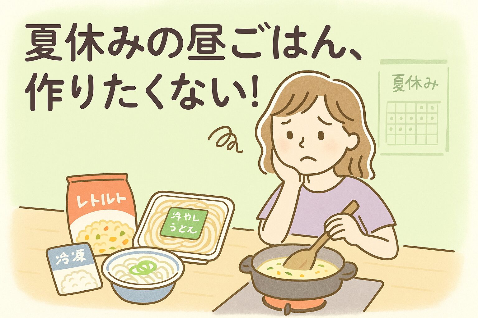 夏休みの昼ごはん作りに悩むママがキッチンで冷凍やレトルトを見つめている様子