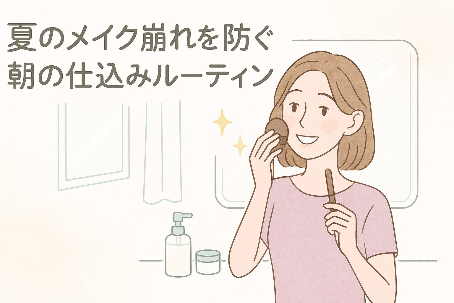 夏のメイク崩れを防ぐためには、朝のメイク前の準備が大切。鏡の前でメイクをしている女性のイラスト