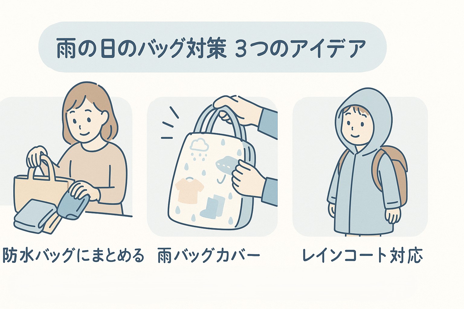 保育園通園バッグの雨の日対策アイデア3つを図解したイラスト