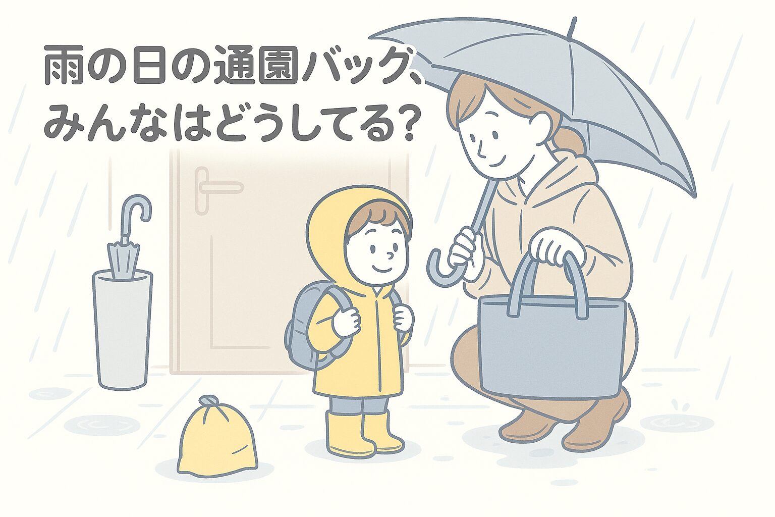 雨の日に通園バッグを準備する親子の玄関シーン