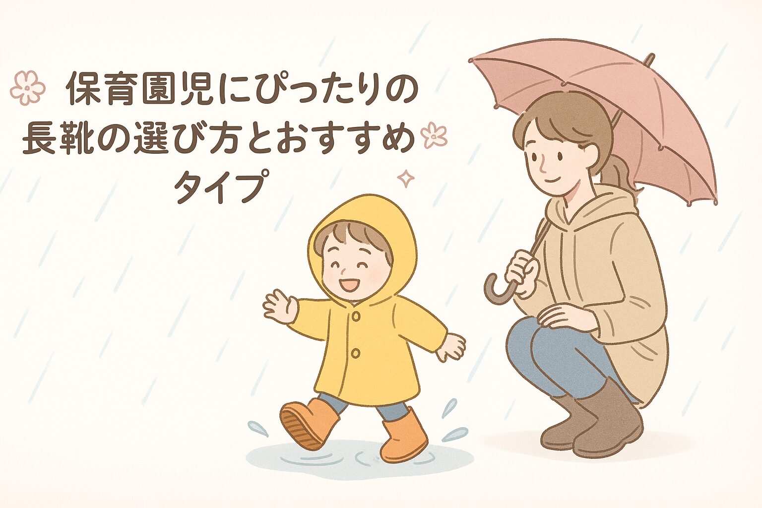 保育園に向かう雨の日、長靴を履いて元気に歩く子どもと見守るママ