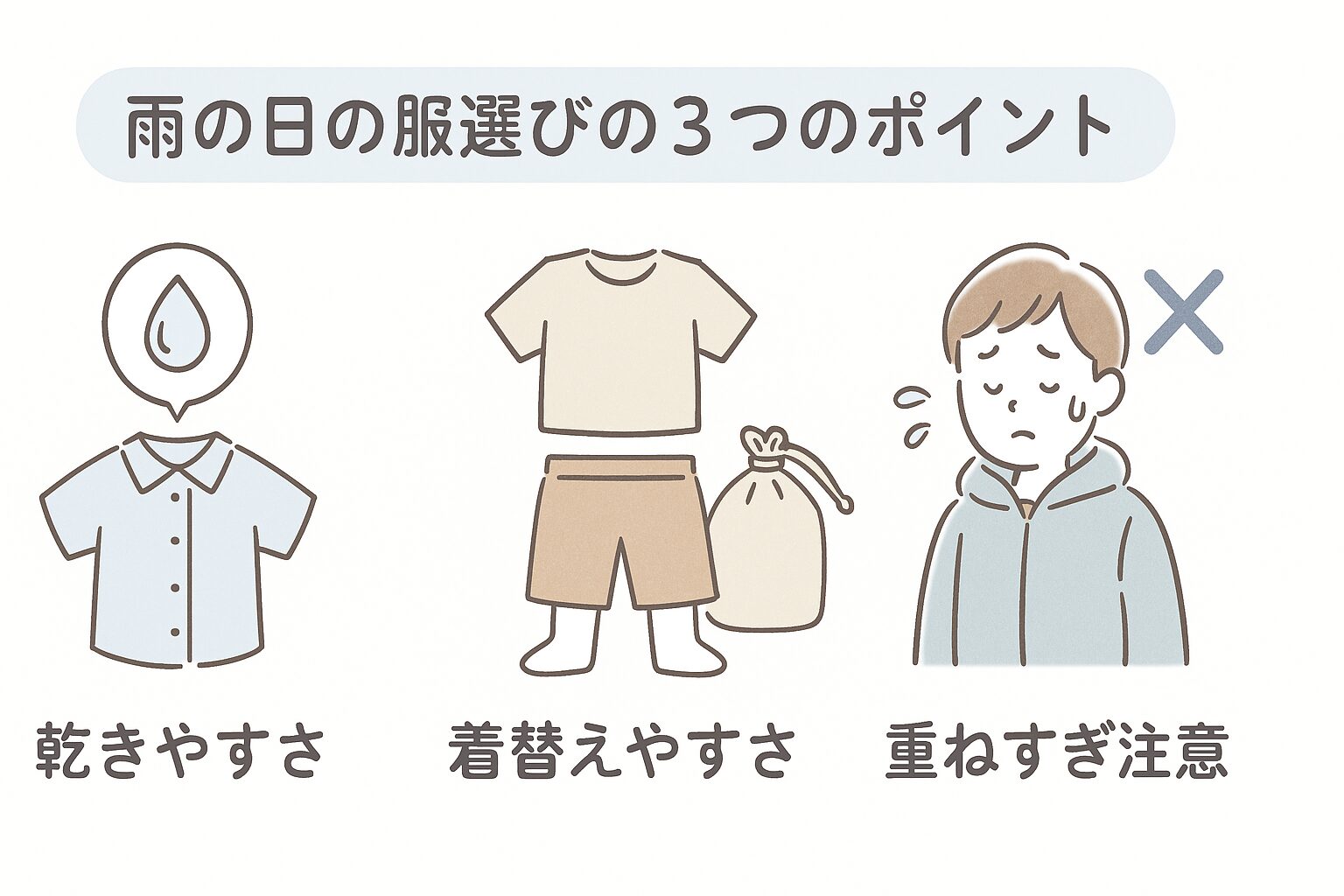 雨の日の保育園コーデの選び方を3つのポイントで図解したイラスト