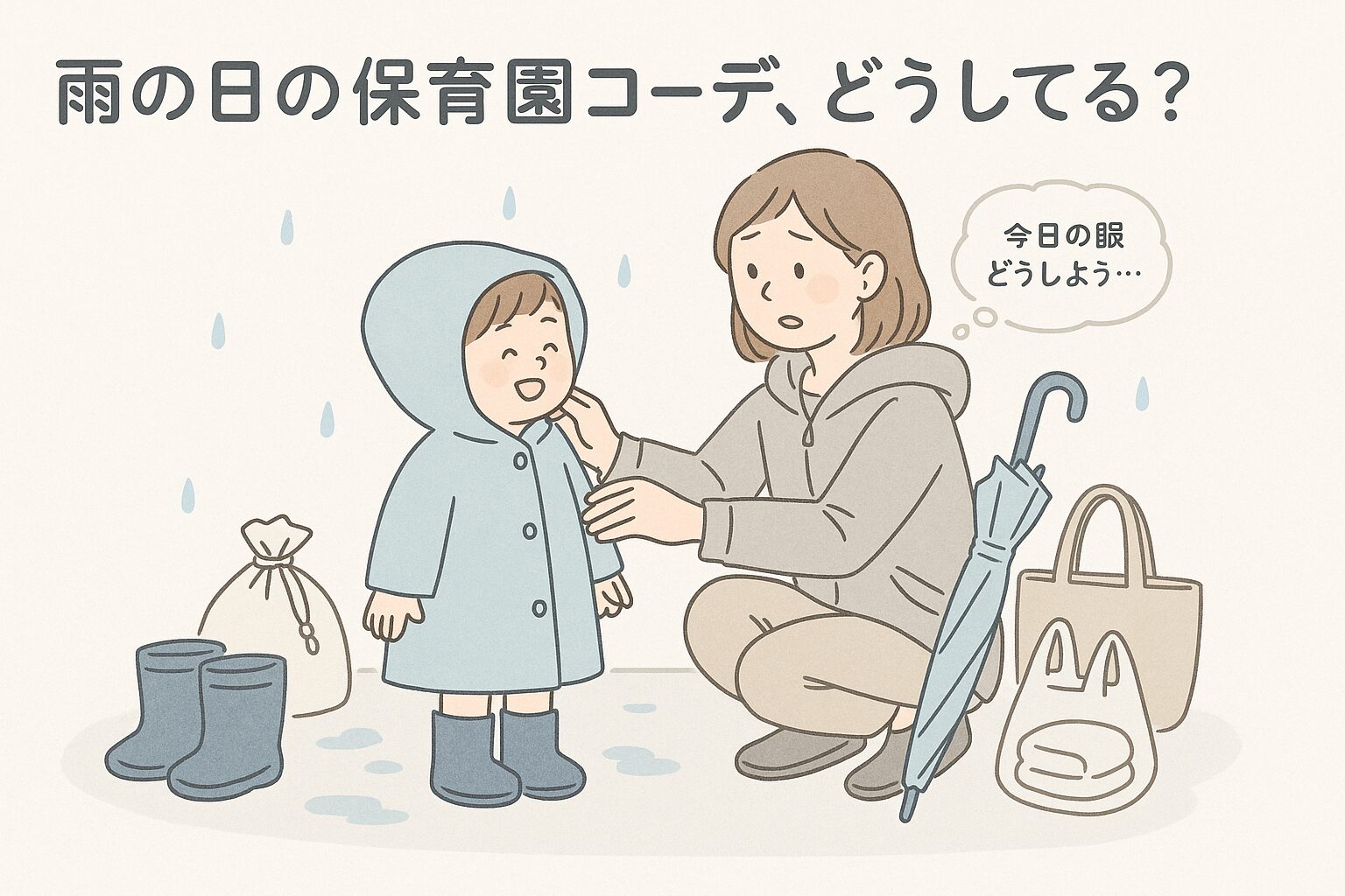 雨の日に保育園登園の準備をしている親子のイラスト（コーデや登園グッズをチェックする様子）