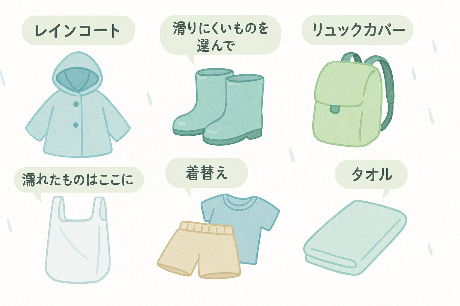 保育園児の雨の日登園に必要なレイングッズ一式を図解で紹介
