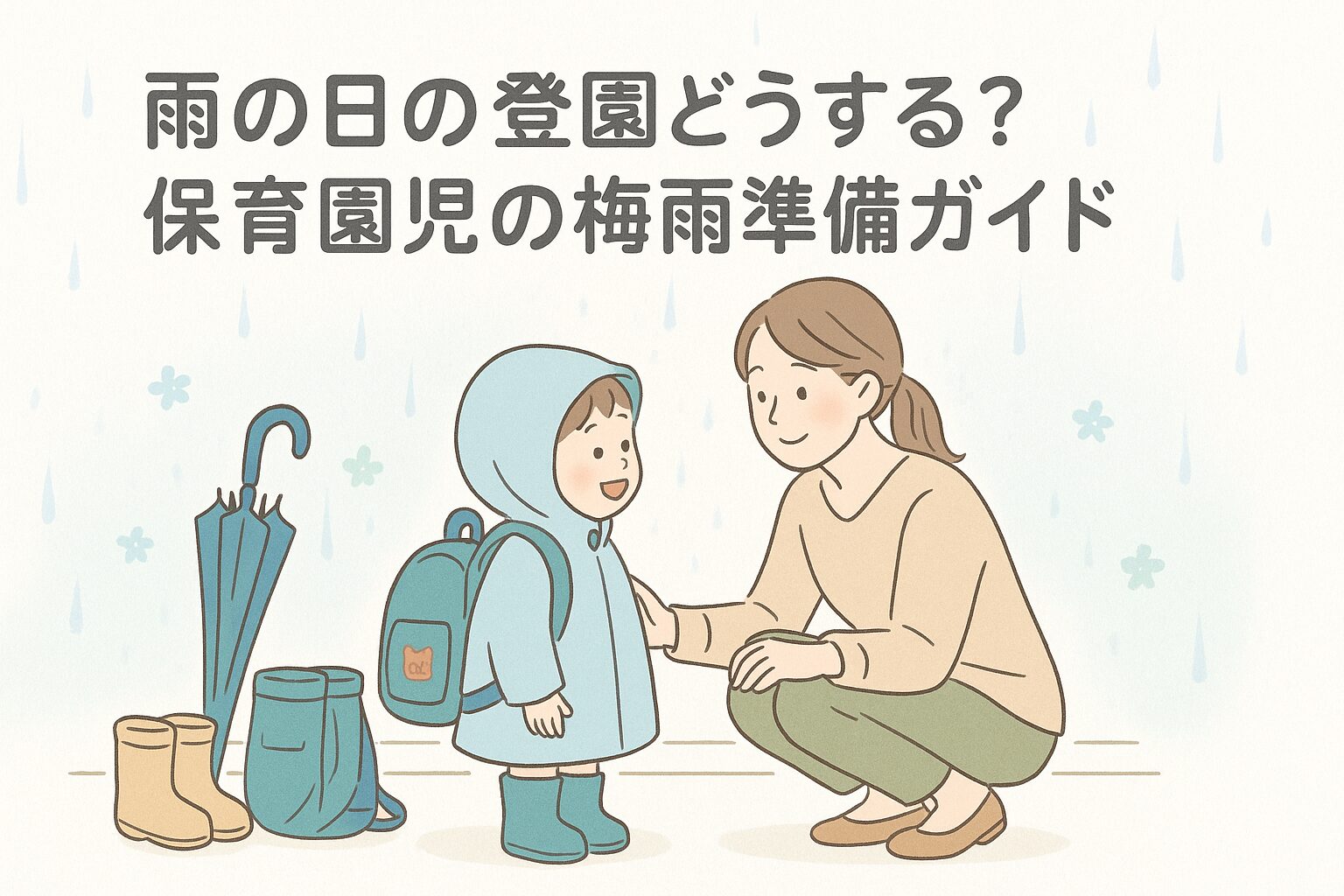 雨の日に登園準備を整えた親子が玄関先で支度している様子