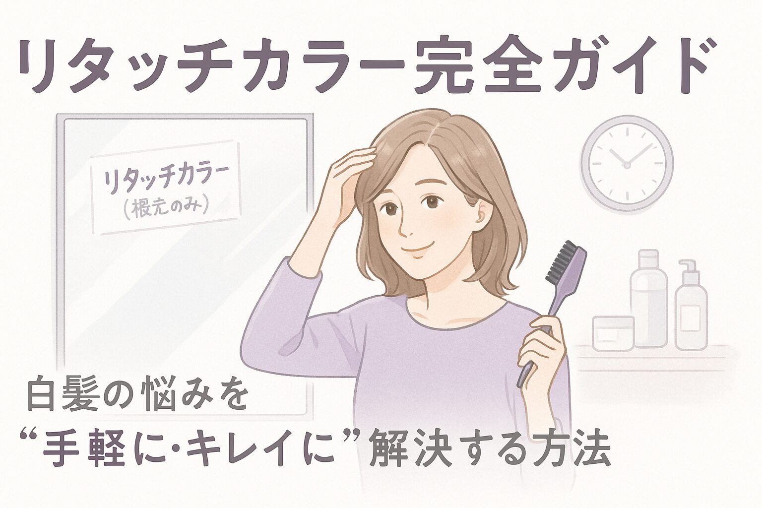 リタッチカラーを始めようと鏡の前で準備する女性とヘアケア用品のある洗面台