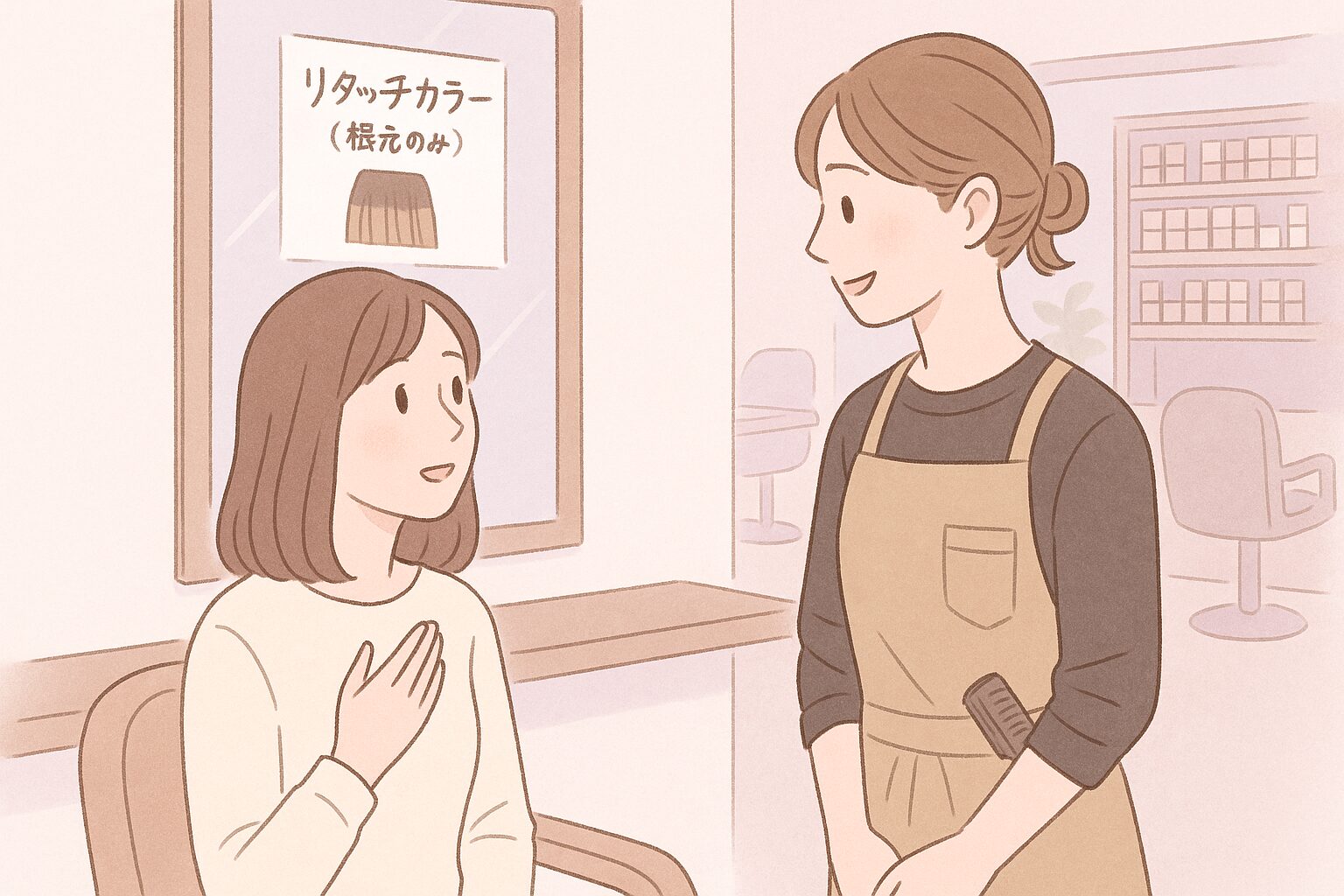 美容室でリタッチカラーをお願いする女性と、優しく対応する美容師の会話シーン