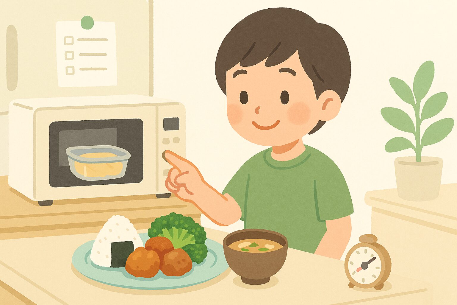 夏休みのお昼ごはんを自分で準備する小学生のイメージイラスト