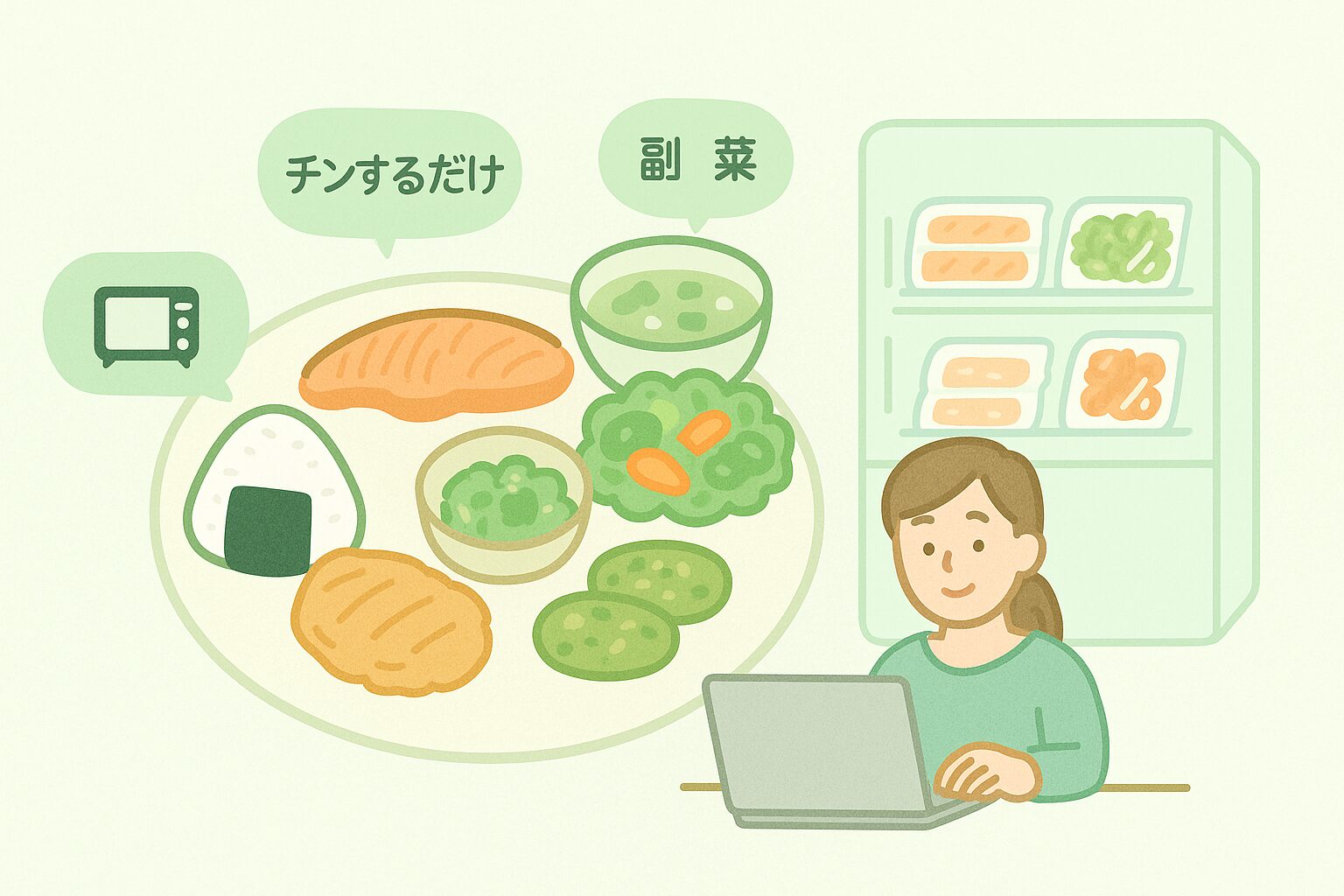 主食・主菜・副菜・スープがワンプレートに並んだ冷凍ストックランチのイラスト。吹き出しで“チンするだけ”“副菜”などの説明付き。背景に冷凍庫とストック食材、パソコン操作中の女性の姿も