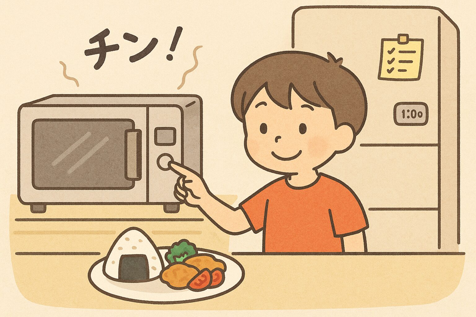 夏休みのお昼ごはんを自分で準備する小学生のイメージイラスト