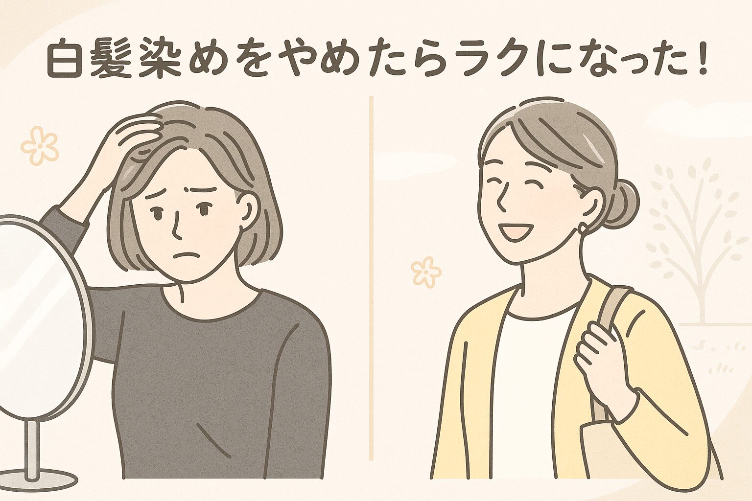 白髪染めをやめて前向きに過ごす40代女性のビフォーアフターのイラスト