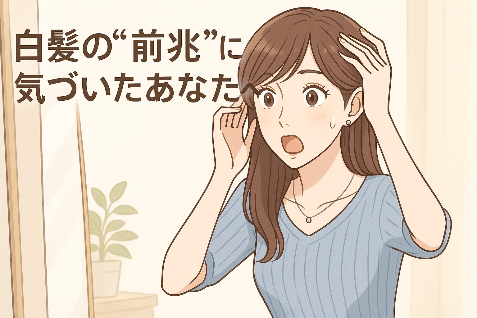 鏡の前で白髪に気づいて驚く40代女性のイラスト