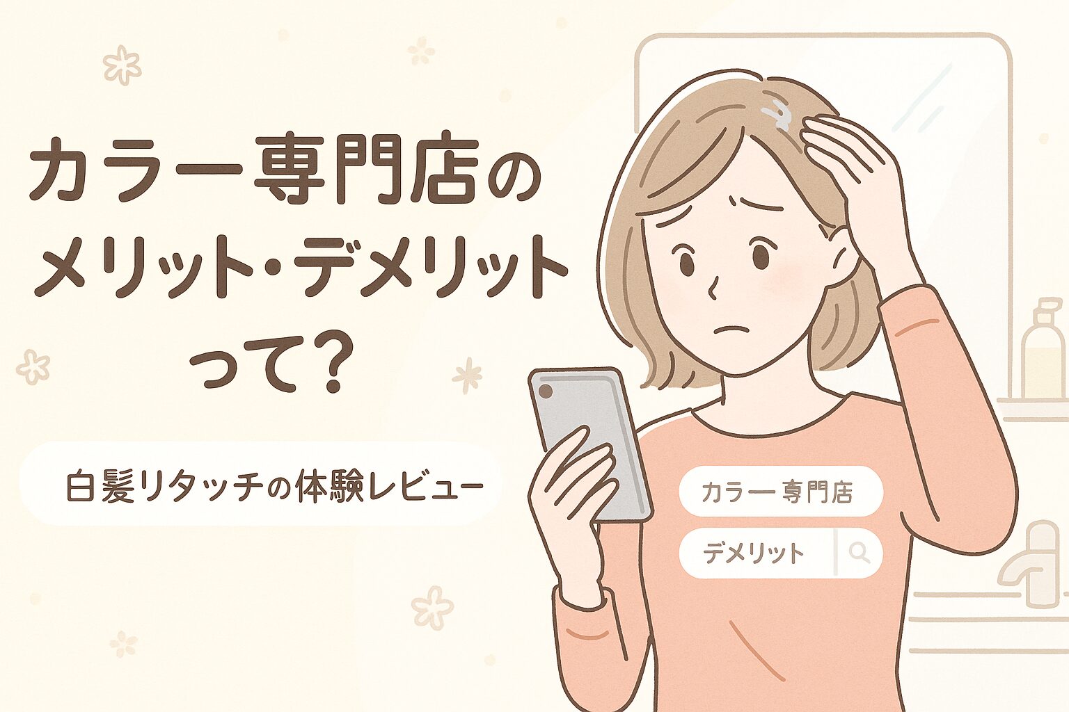 カラー専門店のメリットとデメリットに悩む女性が、白髪リタッチの情報をスマホ検索している様子