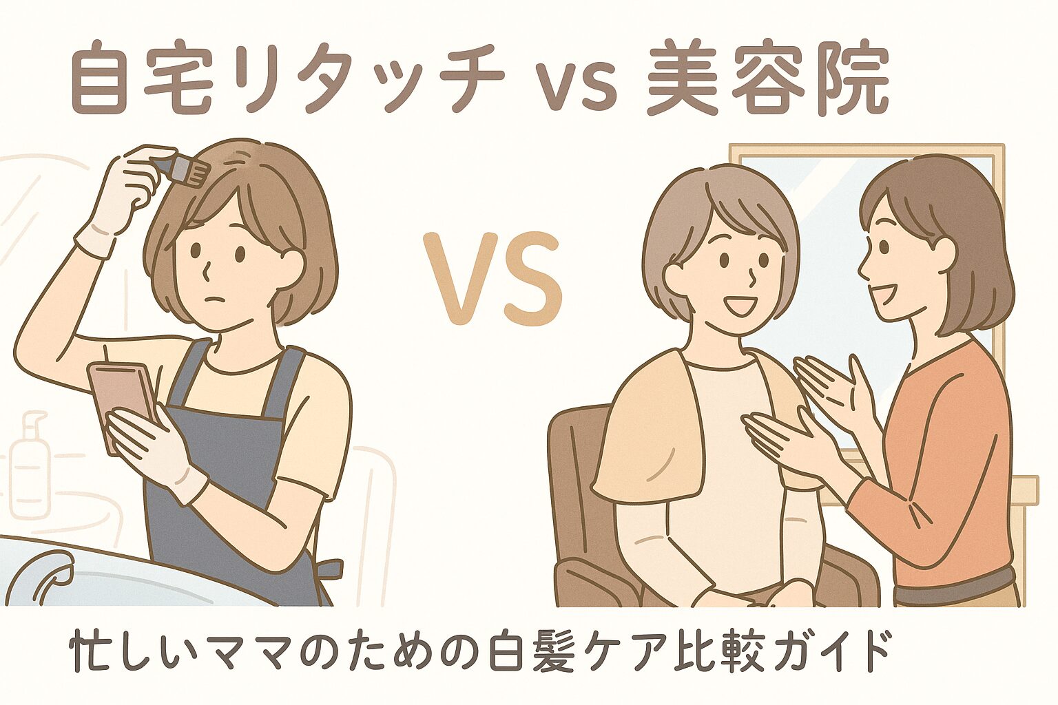 自宅でセルフカラーする女性と、美容院で相談する女性が対比された白髪ケア比較イラスト