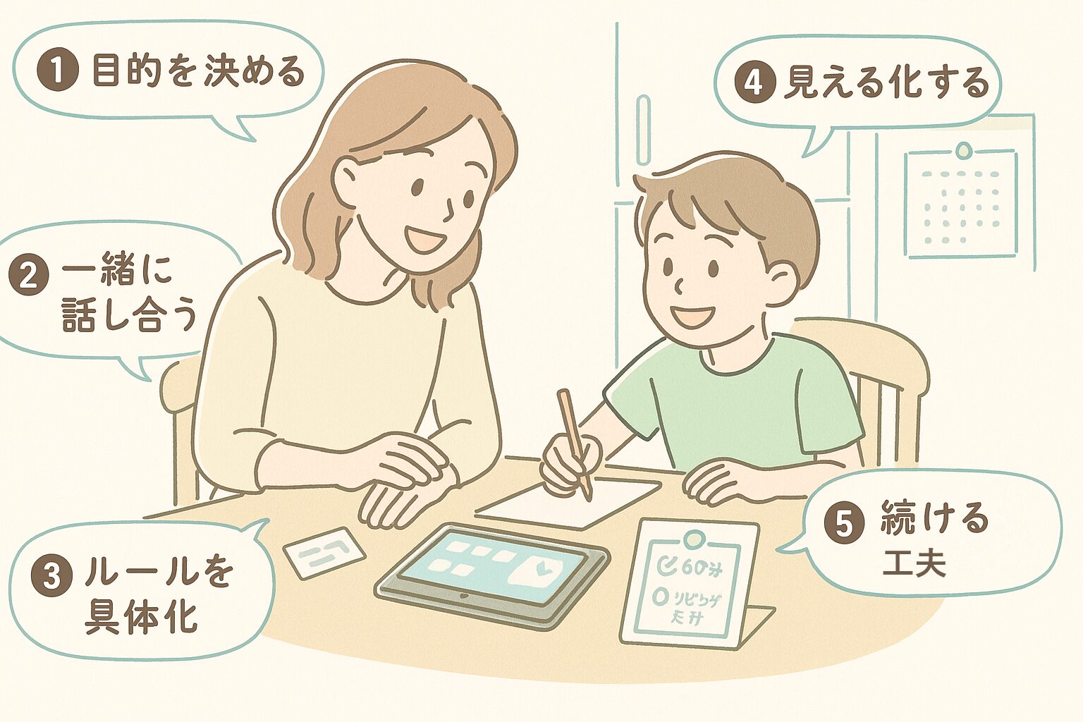 小学生の子どもと親が家庭でタブレットルールを一緒に考えている様子を描いたイラスト。ルールカードやカレンダー、会話の雰囲気を含む構成。