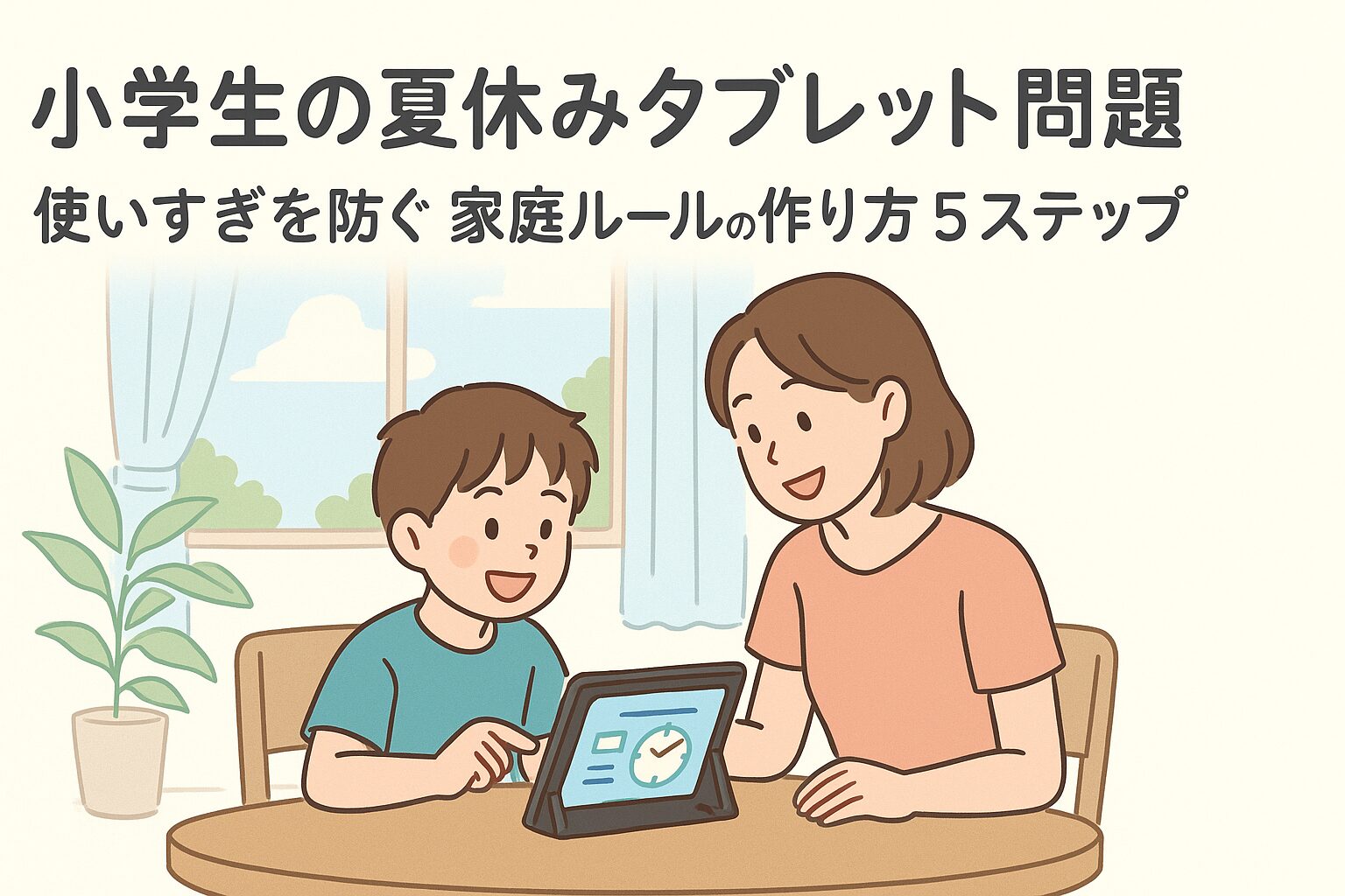 小学生が夏休みに家庭でタブレットを使っている様子と、親子のやさしい関わりを描いたイラスト(ルール作りをイメージ)