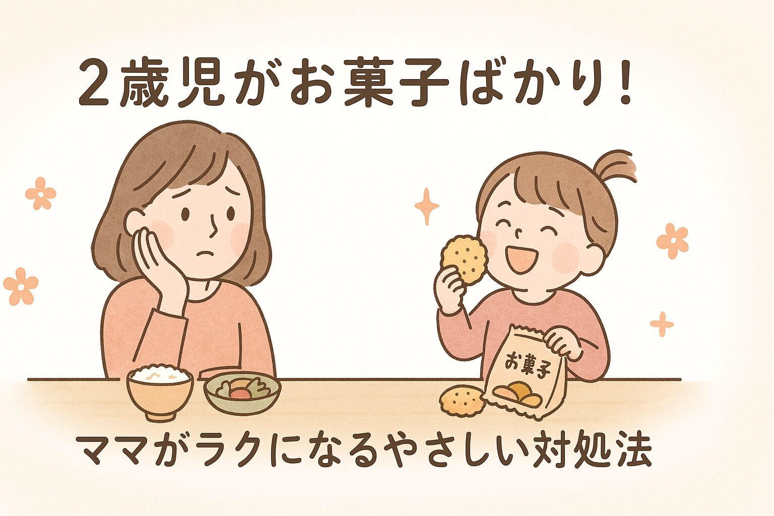 2歳児がお菓子ばかりでご飯を食べない悩みを抱えるママのイラスト。