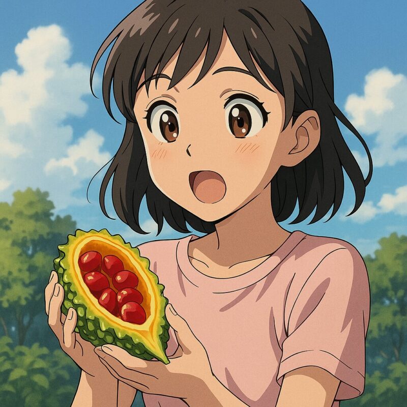 ゴーヤを切ってみたら赤い種が出てきて驚いている小学生の女の子のイラスト