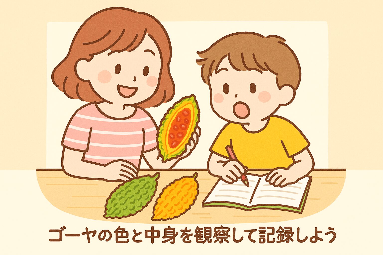 ゴーヤの色と中身を観察して記録する親子の自由研究の様子。緑から黄色、赤い種への変化を記録している場面。
